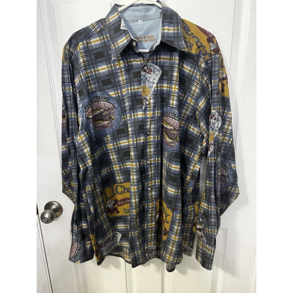 Vintage Lemon And Soda Men's salmon Fishing Ad Prints Plaid Button Down Shirt L